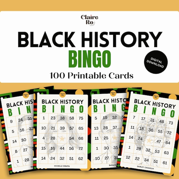 100 Printable Black History Bingo Cards | Black History Month Game | Black Leaders BINGO Set | Features 50 Notable Black History Figures