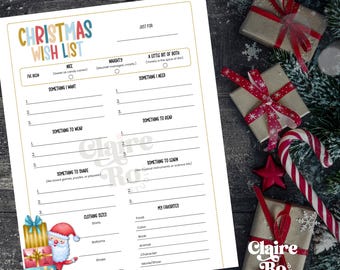 May include: A Christmas wish list printable with colorful text and sections for wants, needs, and favorites. Santa Claus and wrapped gifts are in the corner. The Claire Ro Studio logo is visible.