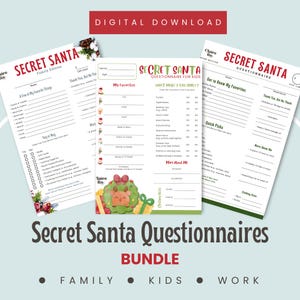 Secret Santa Questionnaire Bundle | Set of 3 | Kids, Family, and Work | Gift Exchange Questionnaire Set | Secret Santa Party Surveys