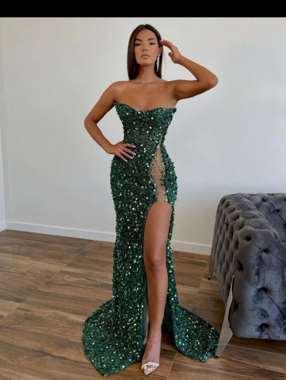 High Slit Emerald Green Prom Dress Wedding Reception Gown - Etsy