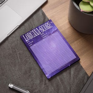 Può includere: Un tabellone punteggio viola e bianco con il testo "Lorca Game Score" e colonne per data, luogo, tavolo, round, giocatore 1, giocatore 2 e punteggi. Lo sfondo è una stampa galattica.