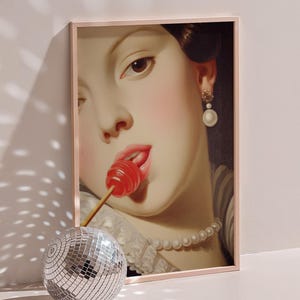 Baroque Lollipop Girl Art Print – Surreal Renaissance Portrait with Candy Pop, Modern Twist on Classical Oil Painting, Whimsical Wall Decor