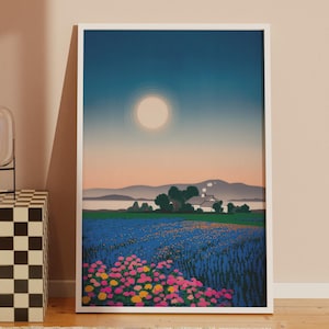 Lawendowe pole zachód słońca wydruk artystyczny, plakat krajobrazowy Prowansji, marzycielska pastelowa dekoracja ścienna nieba, nowoczesna francuska ilustracja wiejskiego krajobrazu do domu