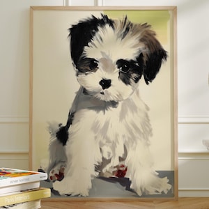 Shih Tzu Puppy Wall Art Print - Cute Fluffy Dog Portrait in Painterly Style, Cream and Neutral Pet Decor for Dog Lovers and Gift Ideas