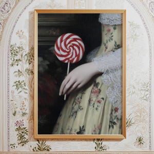 Baroque Candy Art Print – Whimsical Portrait with Lollipop, Rococo Pop Surrealism Wall Decor, Playful Vintage Collage Aesthetic