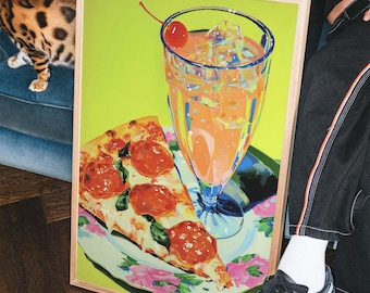 May include: A framed art print featuring a slice of pepperoni pizza and a cocktail with a cherry. The artwork is set against a bright green background. The pizza is on a floral plate. The print is in a wooden frame.