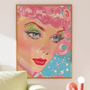 Stampa Bubblegum Space Girl - Poster pop art futuristico retrò, decorazione da parete Cosmic Babe dai capelli rosa, illustrazione colorata che incontra lo stile di metà secolo