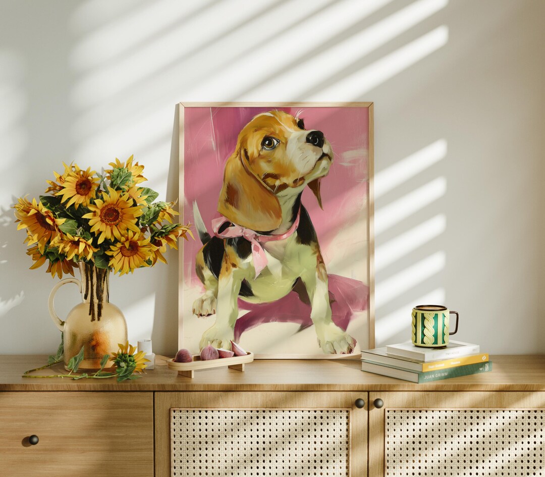 Beagle Puppy Art Print With Pink Ribbon - Dreamy Dog Portrait in ...