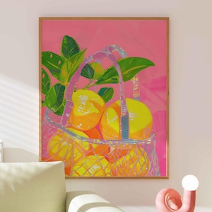 Lemon Wall Art – Colorful Fruit Tote Print with Leaves, Playful Pop Art Kitchen Decor, Bright Retro Citrus Illustration for Summer Vibes