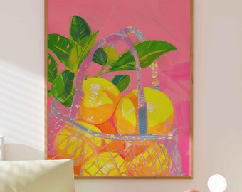 Citroen muurkunst – kleurrijke print fruittas met bladeren, speels popart keukendecor, heldere retro citrusillustratie voor zomerse sfeer