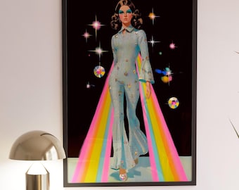 Disco Queen Art Print – Retro 70s Glam Wall Decor Featuring Sparkly Jumpsuit, Rainbow Lights, Maximalist Funky Home or Party Vibe Poster