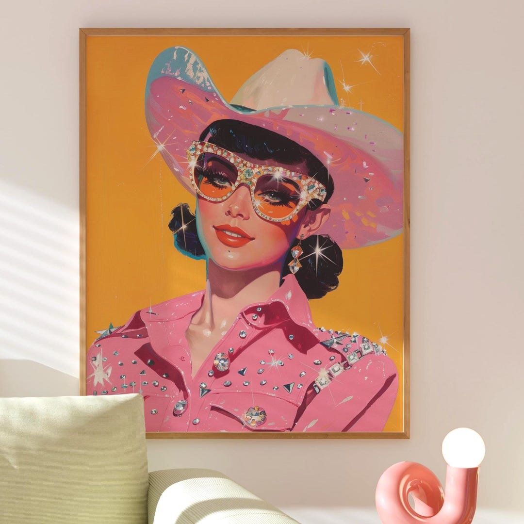 retro cowgirl art prints - set of 3 - digital download... Rhinestone Cowgirl Glam Art Print – Retro Western Babe in Pink Studded ...