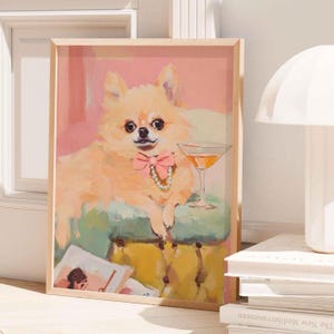 シックな犬のウォールアート – 愛犬家やペット愛好家のための、カクテルプリントの華やかなポメラニアン、バービーコアの装飾にぴったりのスタイリッシュな子犬の肖像画