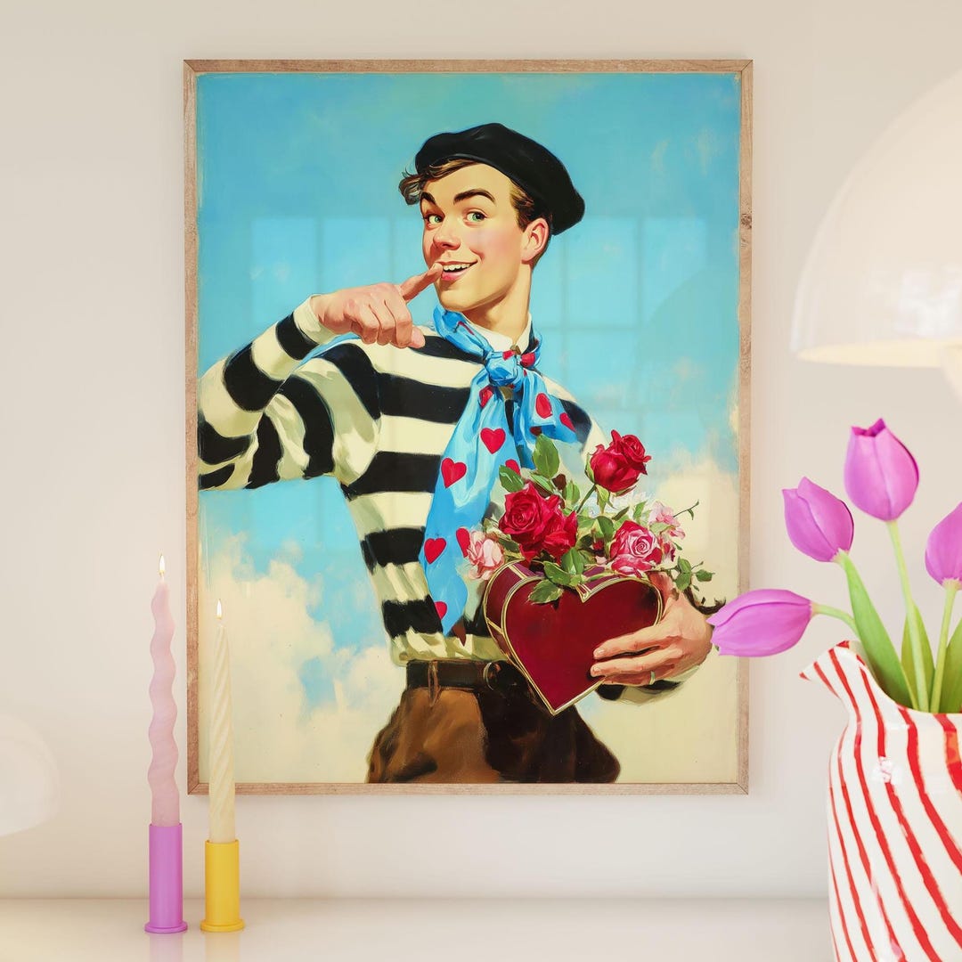 French Valentine Art Print – Retro Heart-shaped Box and Flowers Poster ...