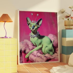 May include: A green Sphynx cat with a diamond crown sits on a pink fluffy cushion. The cat has green eyes and a diamond necklace. The background is a bright pink.