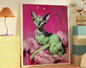 Alien Glam Cat Art Print – Retro Kitsch Space Sphynx Poster z różową kanapą, fantazyjna maksymalistyczna dekoracja ścienna dla miłośników kotów i odjechanych domów
