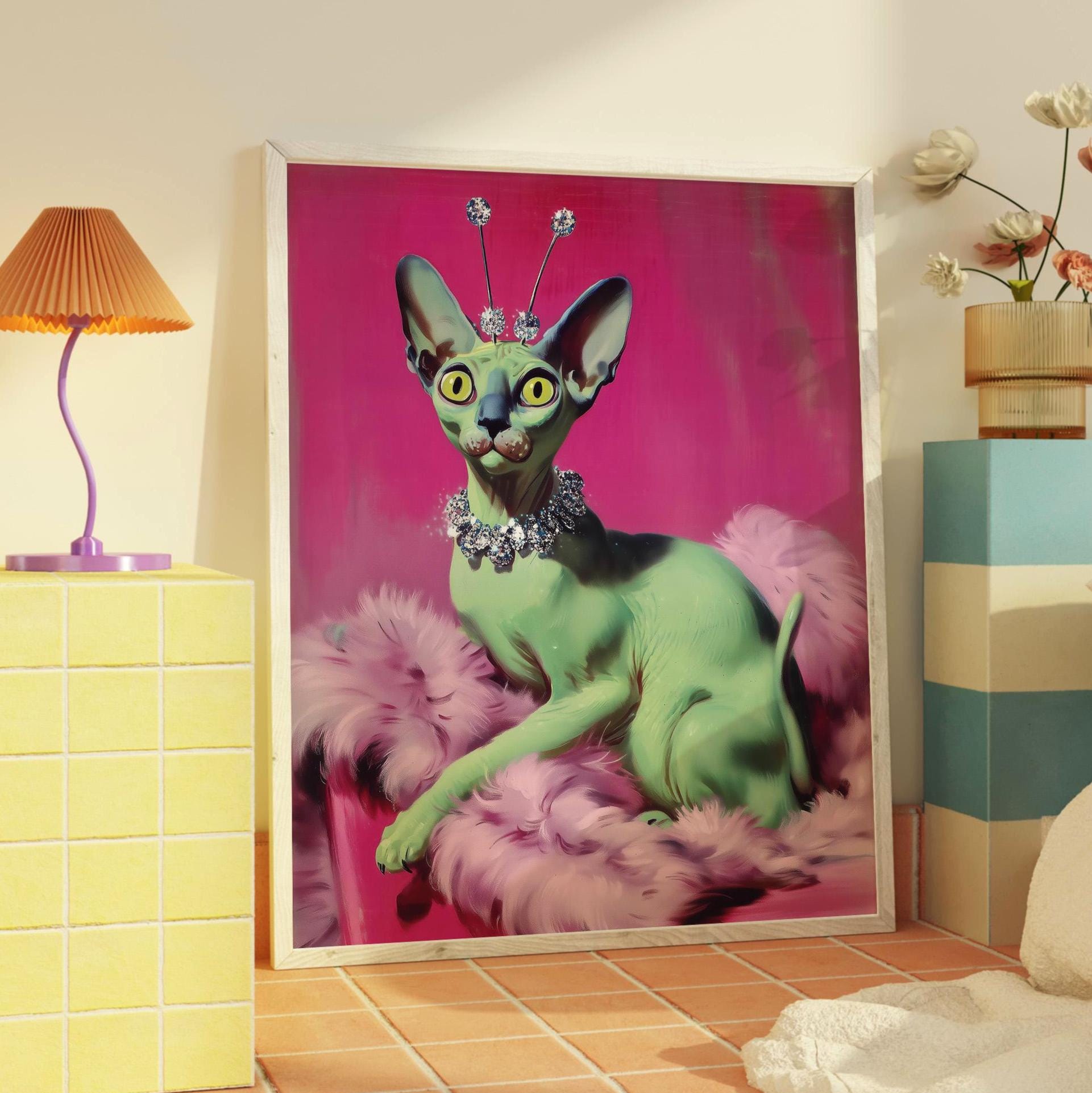 Alien Glam Cat Art Print – Retro Kitsch Space Sphynx Poster With