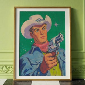 Retro Cowboy Art Print – Space Western Gunman with Diamond Hat, Bold Green & Denim Pop Art Poster, Kitsch Maximalist Wall Decor