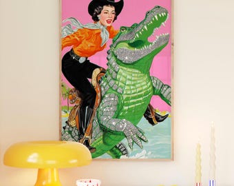 Cowgirl Riding Glitter Gator Art Print – Retro Rodeo Poster with Sparkly Alligator, Kitsch Maximalist Wall Art in Pop Colors for Bold Spaces