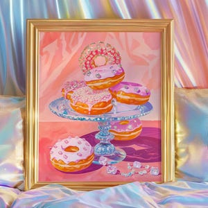 Stampa artistica di dessert Glam Donut - Poster di dolci pop art rosa pastello, decorazione da parete con pasta sfoglia Bejeweled, arte di lusso per cucina o toletta Y2K