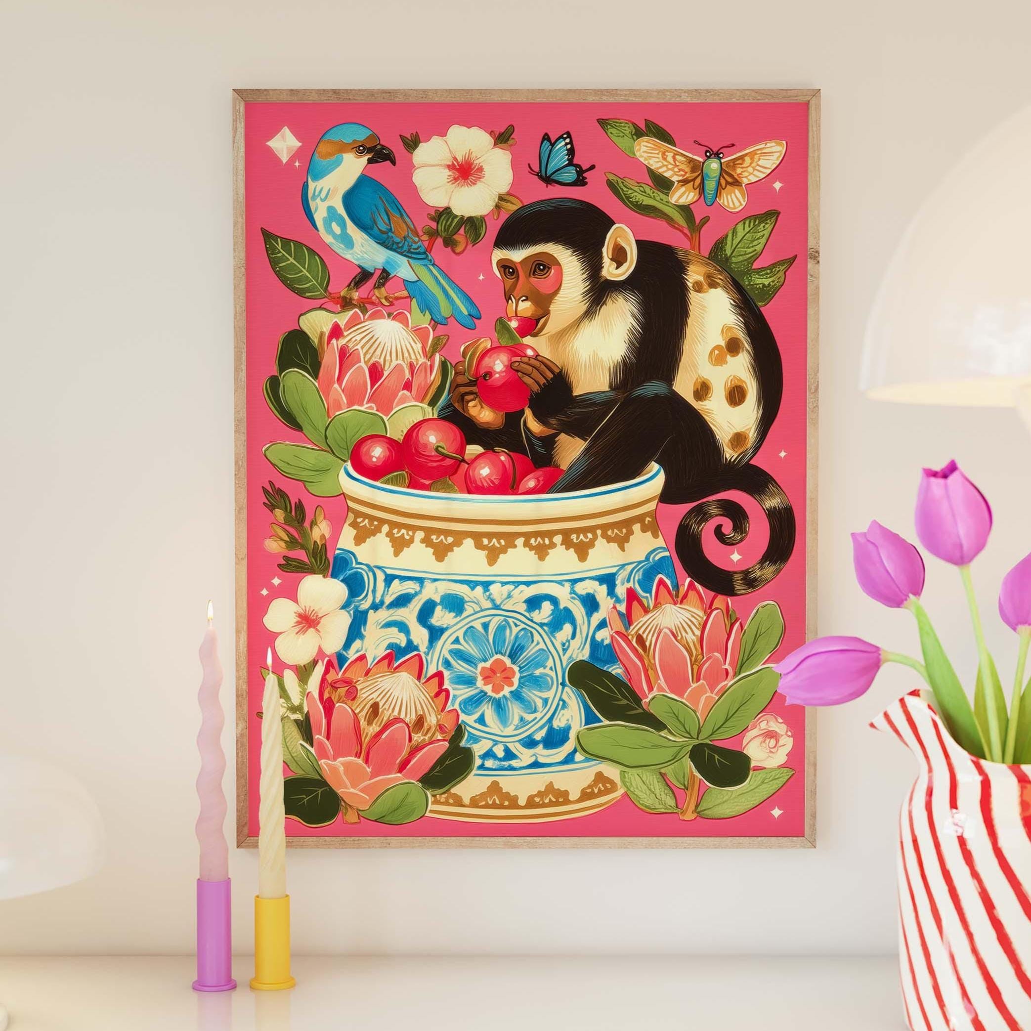 MONKEY MARK フルーツ・パラシュート グラフィックアート A1サイズ Whimsical Monkey and Cherries Art Print – Vibrant Botanical Wall