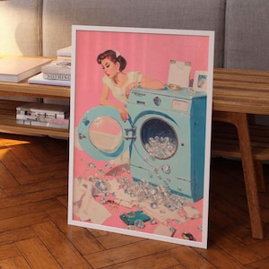 Retro Glam Laundry Wall Art – 50s Housewife Print with Blue Washer & Sparkling Diamonds, Whimsical Midcentury Pop Art for Maximalist Decor
