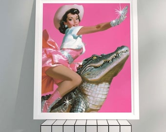 Cowgirl Riding Glitter Gator Art Print – Retro Rodeo Poster with Sparkly Alligator, Kitsch Maximalist Wall Art in Pop Colors
