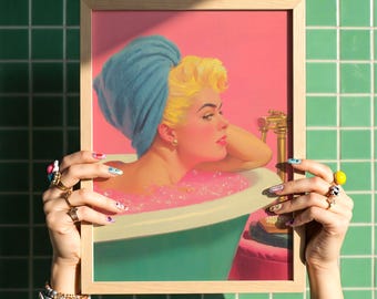 Retro Bathtub Beauty Art Print – Pop Art-Inspired Pink Bubble Bath Poster, Glam Bathroom Wall Decor with 50s Vibe and Maximalist Style