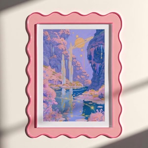 Stampa artistica di paesaggio cosmico pastello - Cascata surreale, mondo dei sogni con pianeti, decorazione da parete fantasy stravagante nei colori caramellati