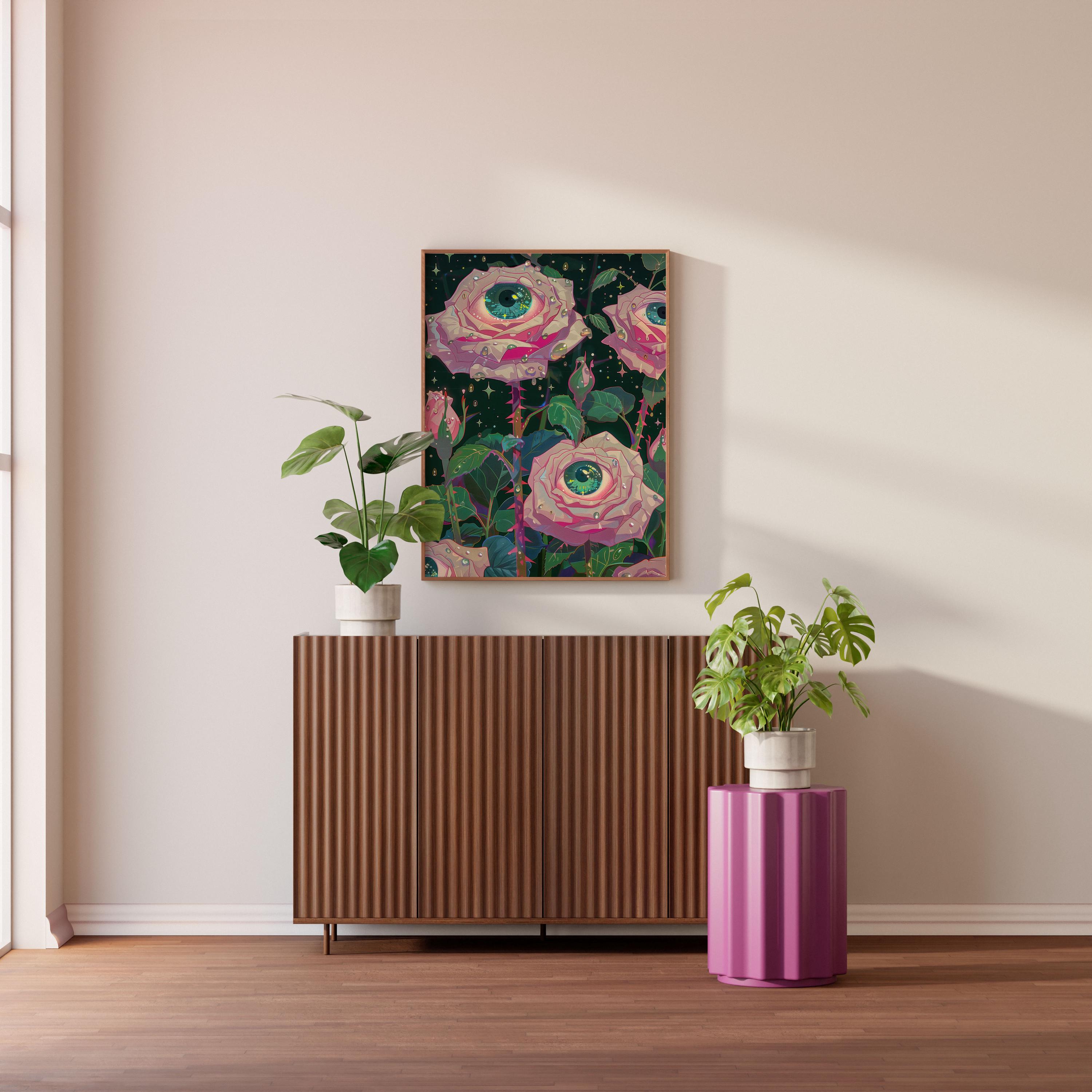 Surreal Floral Eye Art Print – Whimsical Rose Wall Art With Cosmic Gaze ...