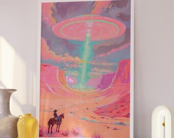 Retro Cowboy UFO Art Print – Neon Desert Western Alien Abduction Poster, Surreal Sci-Fi Wall Decor for Bold, Eclectic and Maximalist Spaces