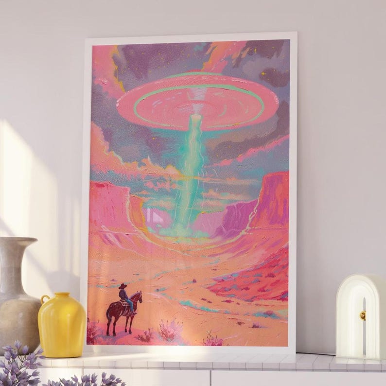 Retro Cowboy UFO Art Print – Neon Desert Western Alien Abduction Poster ...