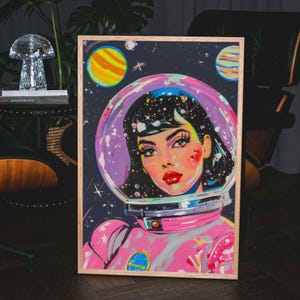 Retro Space Girl Wall Art – Vibrant Pop Art Astronaut Print, Whimsical Outer Space Decor for Sci-Fi Lovers & Maximalists
