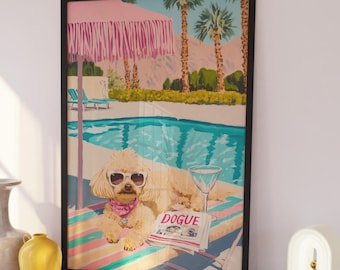 Palm Springs Glam Hund Kunstdruck – Retro Pudel am Pool mit Sonnenbrille, Tierportrait für Maximalist oder Mid-Century Dekoration