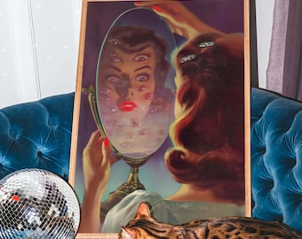 Surreale Spiegelaugen Art Print – Vintage-inspirierte weibliche Spiegel Illusion, Pop Surrealismus Wand Dekoration für Maximalist Interieur