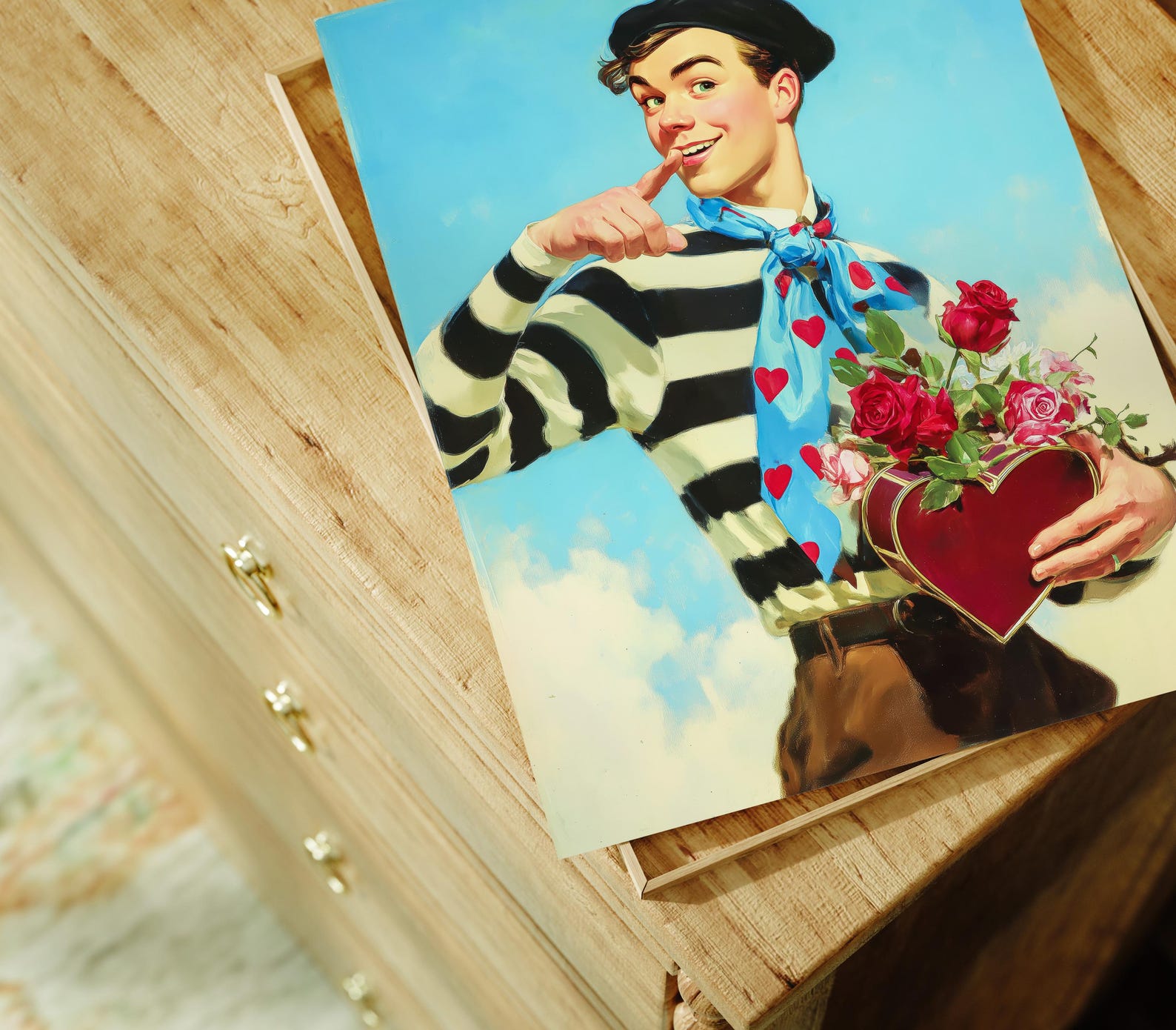 French Valentine Art Print – Retro Heart-shaped Box and Flowers Poster ...