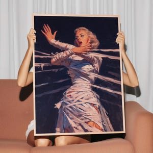 Dramatic Mummy Girl Art Print – Retro Horror Pin-Up Wrapped in Bandages, Dark Vintage-Inspired Wall Art for Maximalist Decor Fans