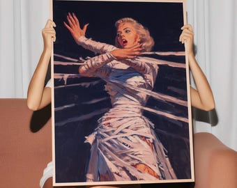Dramatic Mummy Girl Art Print – Retro Horror Pin-Up Wrapped in Bandages, Dark Vintage-Inspired Wall Art for Maximalist Decor Fans