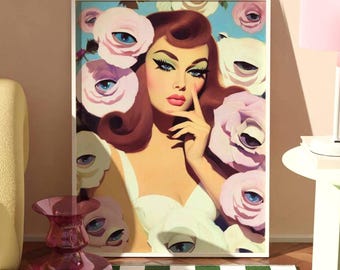 Glam Girl with Eye Flowers Art Print – Surreal Pop Art Poster with Vintage Beauty Surrounded by Eyeball Roses, Whimsical Maximalist Decor