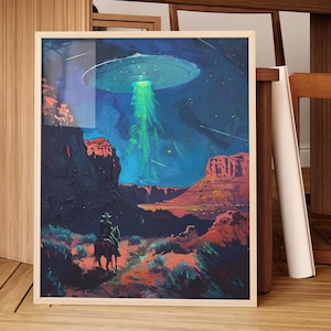 Cowboy UFO Art Print – Vintage Pulp-Style Alien Encounter in the Wild West, Retro Sci-Fi Western Wall Decor, Surreal Desert Night Poster