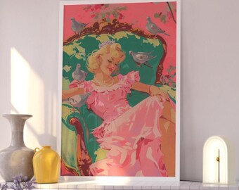 Whimsical Princess Wall Art – Dreamy Blonde in Pink Dress with Pigeons Print, Fairytale Glam Portrait for Maximalist or Barbiecore Spaces