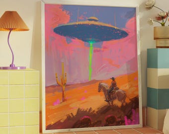 Neon Cowboy UFO Art – Retro Sci-Fi Western Print, Pink Desert Alien Encounter Poster, Pulp-Style Surreal Wall Decor for Kitschy Spaces