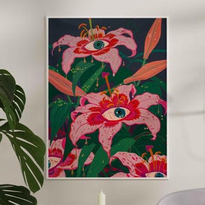 Surreal Eye Lily Art Print – Psychedelic Pink Floral Wall Art with Watching Eyes, Trippy Botanical Poster for Maximalist or Eclectic Decor
