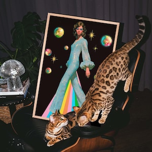 Op de afbeelding: Een ingelijst kunstwerk met een vrouw in een blauwe jumpsuit met een regenboogontwerp, tegen een zwarte achtergrond met planeten en sterren. Twee Bengaalse katten zitten op een zwarte stoel en een discobol lamp staat op een tafel.