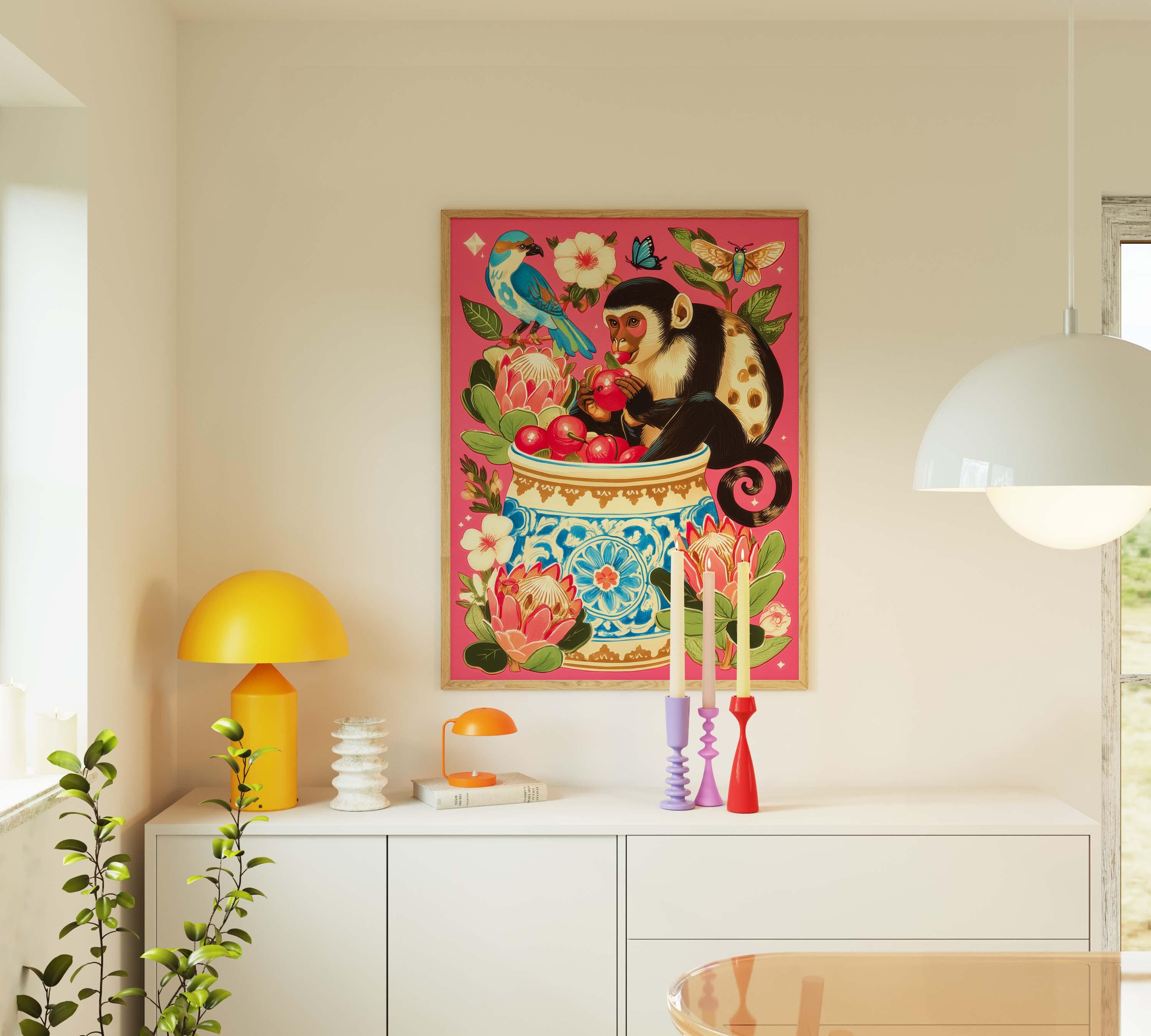Whimsical Monkey and Cherries Art Print – Vibrant Botanical Wall