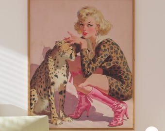 Cheetah Girl Wall Art – Blonde Bombshell in Leopard Print & Pink Boots, Retro Jungle Glam Pop Art Print, Maximalist Pin-Up for Bold Decor