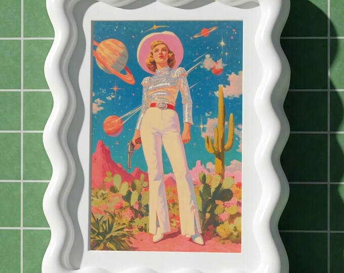 Space Cowgirl Art Print – Retro 1950s Sci-Fi Western Woman in Glitter Top with Planets, Pulp Magazine Style Maximalist Wall Decor