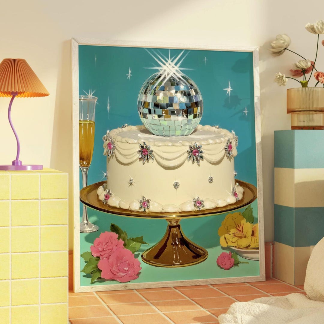 Disco Cake Art Print – Retro Dessert Wall Art With Sparkling Mirror ...