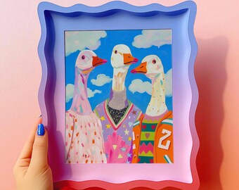 Colorful Goose Squad Art Print – Funky Animal Pop Art Poster, Maximalist Bird Wall Decor, Stylish Geese in Sweaters Illustration