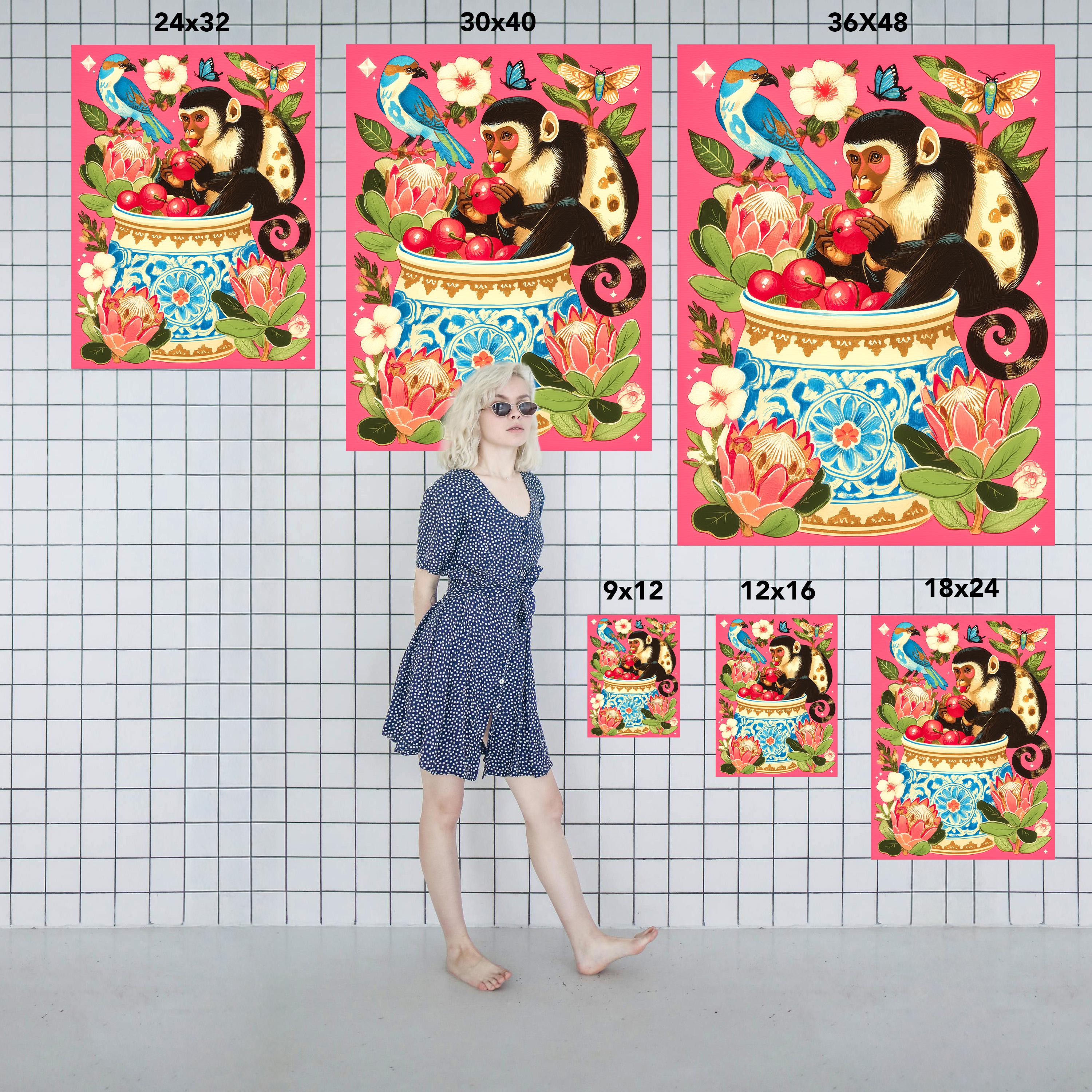 Whimsical Monkey and Cherries Art Print – Vibrant Botanical Wall